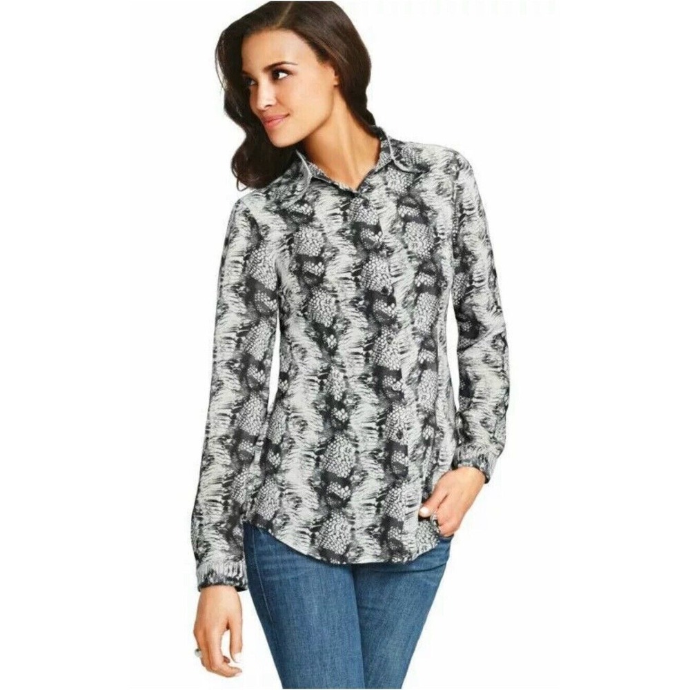 Cabi Black Beige Python Snake Print Button Down Shirt Blouse‎ Top Sheer Size XS